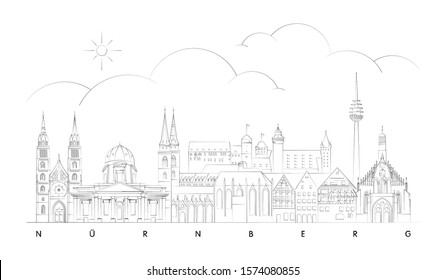 Minimal Nürnberg or Nuremberg skyline vector illustration and typography design, Germany