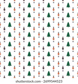 Minimal Nutcracker and Pine Tree Seamless Pattern. Simple Christmas Holiday Vector Repeat Background on White.