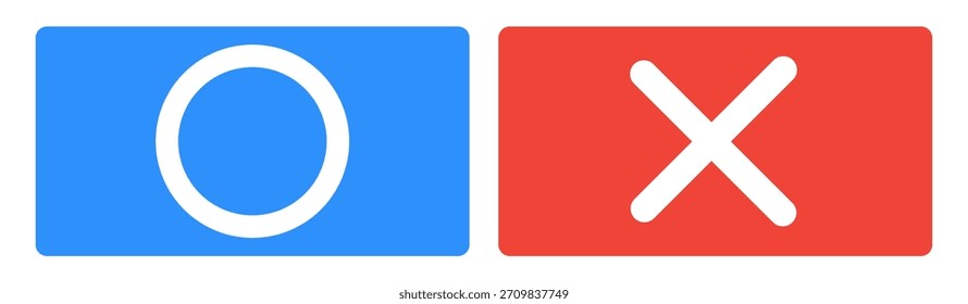 Conjunto de iconos mínimos O y X con fondos azul y rojo en negrita. Ideal para decisiones de interfaz de usuario, indicadores de juego, sistemas de verificación, Instrucciones de confirmación, gráficos de votación, cuestionarios y Elementos de interfaz modernos