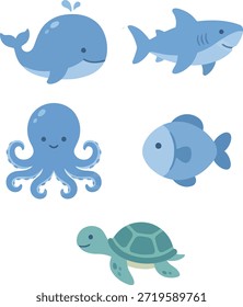Una Ilustración vectorial mínima de animales marinos con ballenas, tiburones, tortugas, pulpos y peces. Las Formas redondeadas y los colores suaves lo hacen perfecto para los App de los niños, la decoración de la guardería y los diseños marinos educativos.
