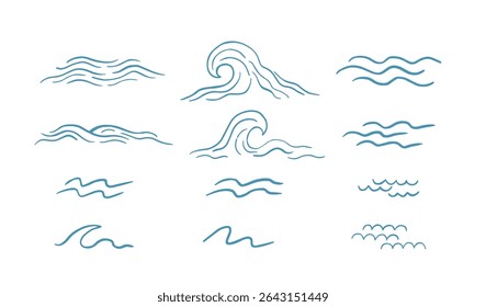 Minimal ocean wave line art set hand drawn sea elements