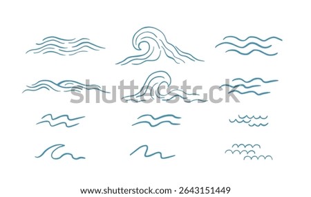 Minimal ocean wave line art set hand drawn sea elements