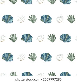 Minimal ocean-inspired pattern with delicate sea flora and shell elements. Ideal for textiles, packaging, and wall art.