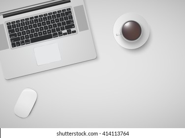 Minimal office with computer, mouse and a cup of coffee, vector illustration