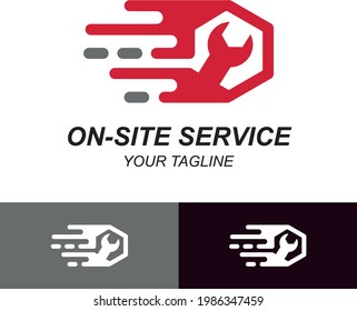 Minimal on site service logo in red color with screwdriver tool, fast service and hexagon shape.