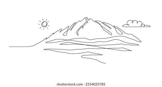 Minimal One Continuous Art Line of a Mountain Outline. Trendy scenic mounts, wall art background. Black and white landscape design for fabric, prints, and wall art. Simple line drawing of one line