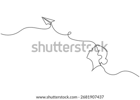 Minimal one line art of paper plane, laptop, book, human head, mail, and mountain travel concept isolated on white background