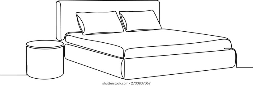 Interior de um quarto de linha mínima com travesseiros de cama e contorno contínuo de mesa de cabeceira
