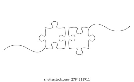 Minimal one line connected puzzle pieces isolated vector illustration for teamwork and problem solving
