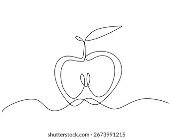 Minimal one line drawing of an apple with leaf and seeds, abstract vector illustration for healthy food, organic concept, and modern graphic design. Vector Editable stroke
