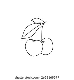 Dibujo mínimo de una línea de fruta de cereza con hojas 