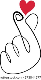 Minimal one line drawing of hand making finger heart gesture with red heart. Continuous line art symbolizing love, affection, and romance. Ideal for Valentine designs, stickers, social media graphics, logos, and modern branding.