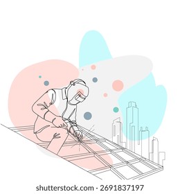 Minimal one line drawing illustration of a construction worker installing roof tiles on a residential building. The artwork represents construction, roofing, architecture, civil engineering, home improvement, maintenance, craftsmanship, renovation, and professional building services. Modern abstract line art style with geometric shapes, suitable for engineering, construction, and architectural design concepts.