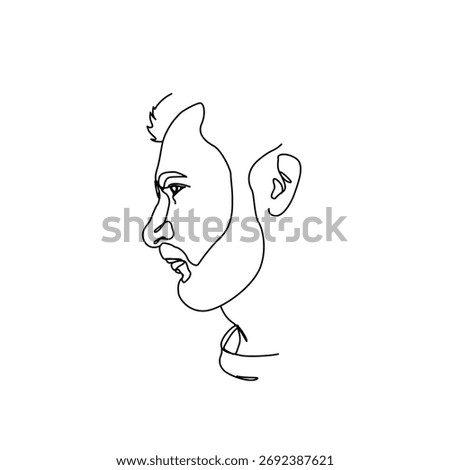 Minimal one line drawing of man in side profile with short beard. Elegant linear portrait showing masculine features and calm expression. Modern continuous line artwork in black contour style.