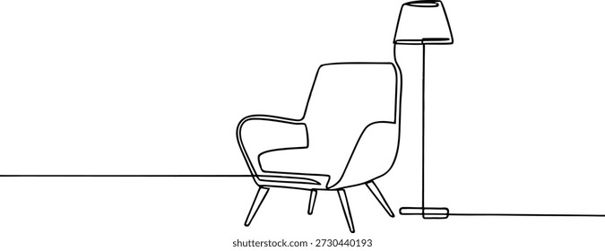 Desenho mínimo de uma linha de uma poltrona moderna com cena interior da lâmpada de chão. Ilustração de móveis de arte de linha contínua com estilo limpo e elegante. Ideal para gráficos caseiros, arte de parede, conceitos de design de interiores, cartazes e marca moderna.