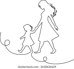 Minimal one line drawing of mother and daughter holding hands, symbolizing love and care. Perfect illustration for Mother's Day greetings, cards, posters, and designs. Mother and Daughter Holding Hand