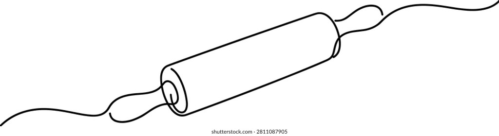 Minimal one line drawing of a rolling pin in a clean continuous outline style. Ideal for baking, cooking, kitchenware, food preparation, bakery branding, recipe content, packaging, educational materials, and modern vector illustration projects.