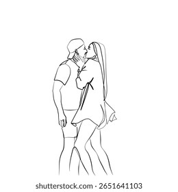 Mínimo um desenho de uma linha de um casal romântico compartilhando um beijo. Moderna ilustração vetorial em preto e branco de um homem e uma mulher em um momento íntimo, expressando amor e afeto.