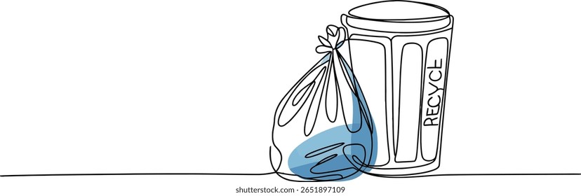 Desenho mínimo de uma linha de saco de lixo e lixeira - Gestão de resíduos eco-friendly e conceito de sustentabilidade