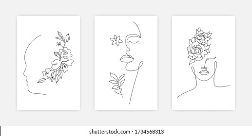 Minimal one line girl faces. Linear design templates female portrait with flowers, abstract print fashion concept. Vector set of simple continuous line posters, covers