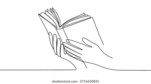 minimale einzeilige Hände halten offenes Buch kontinuierliche Linie Kunst lesen Bildung Wissen Lernkonzept Illustration isoliert weiß