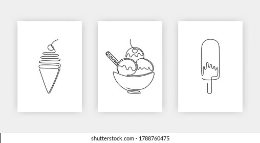 Minimal one line ice cream. Linear design of popsicle and ice cream for logo, vector set of simple continuous line posters, covers. Abstract print cafe concept