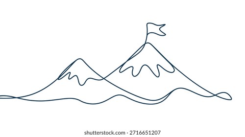 minimal one line mountain landscape with flag continuous line art achievement goal success adventure concept illustration isolated on white