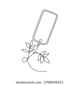 Minimal one line smartphone connected to a growing plant. Digital sustainability, eco-technology, green energy concept. Vector illustration.
