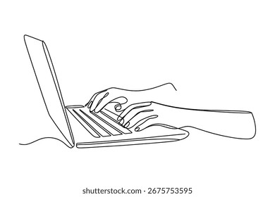 Vetor mínimo de uma linha de pessoa usando computador representando trabalho freelance internet trabalho e design de local de trabalho digital