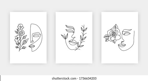 Minimal one line woman faces. Linear design templates female portrait with flowers and leaves, vector set of simple continuous line posters, covers. Abstract print fashion concept