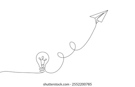 Minimal one-line art of a paper plane flying upward, seamlessly connected to a light bulb