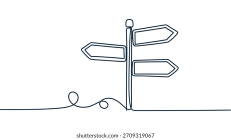 Dibujo mínimo de una línea de una señal de dirección con múltiples flechas, arte lineal continuo simple que ilustra las opciones, la navegación y la toma de decisiones en un estilo minimalista moderno limpio
