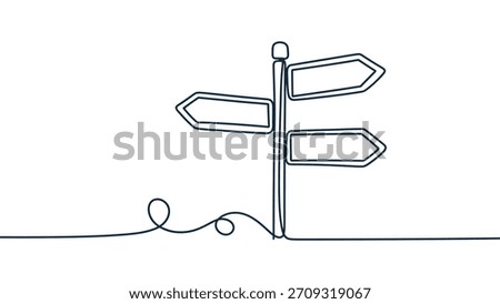 Minimal one-line drawing of a direction signpost with multiple arrows, simple continuous line art illustrating choices, navigation and decision-making in a clean modern minimalist style