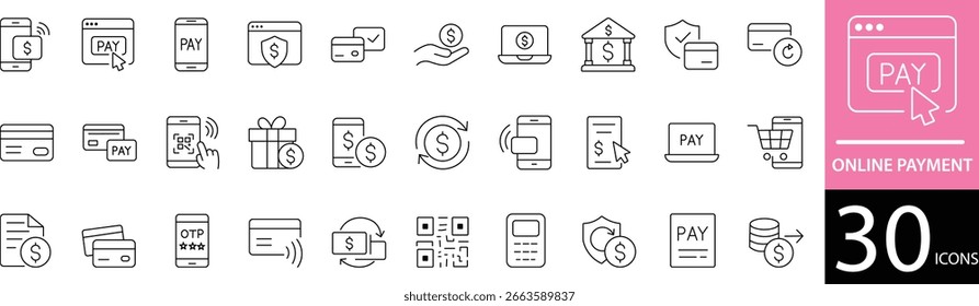 Minimal Online Payment Line Icon Set 30 Clean Outline Symbole für E-Commerce, Wallet und Digital Finance Design