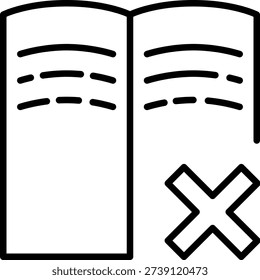 Minimal open book with cross mark symbol representing rejected document and invalid information concept. Suitable for education, academic review and content disapproval themes. Ideal for web and mobile interface, online learning platforms and document validation systems. Clean outline style with clear readable design. Isolated graphic element on transparent background.