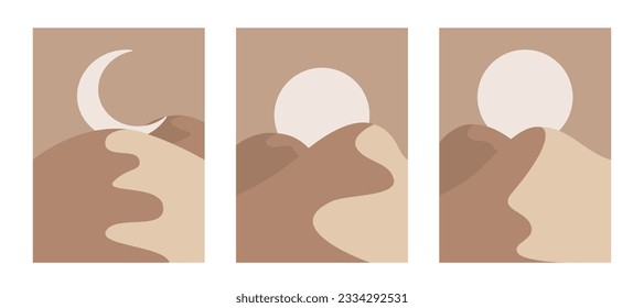 Minimal openings with mountains and the moon. Vector illustration. On a white background.