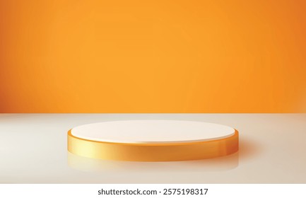 Minimal Orange Background with a Golden Podium for Product Display, Stylish Showcase Design with Glossy Finish, Perfect for Branding, Advertising, and Luxury Presentations,  3D Illustration.