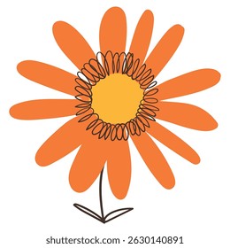 Flor naranja mínima con decoraciones de línea de pincel simple. Planta colorida con lindos bocetos de líneas de ramas aisladas sobre fondo blanco. Hierba de Naturaleza perfecta para invitaciones, tarjetas, carteles, vacaciones
