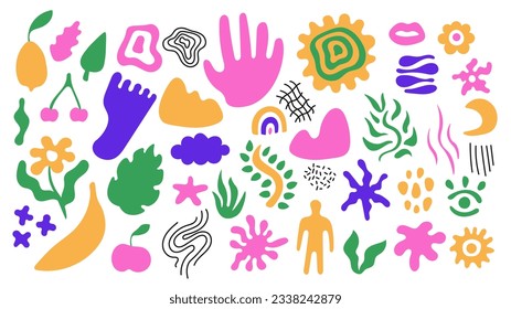 Minimal organic shapes set with doodle. Vibrant hand drawn scribbles and nature elements collection. Vector illustration for trendy design.
