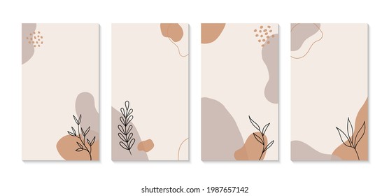 Minimal organic stories template. Vector set of vertical abstract trendy backgrounds in boho style with plants and organic shapes. For social media stories