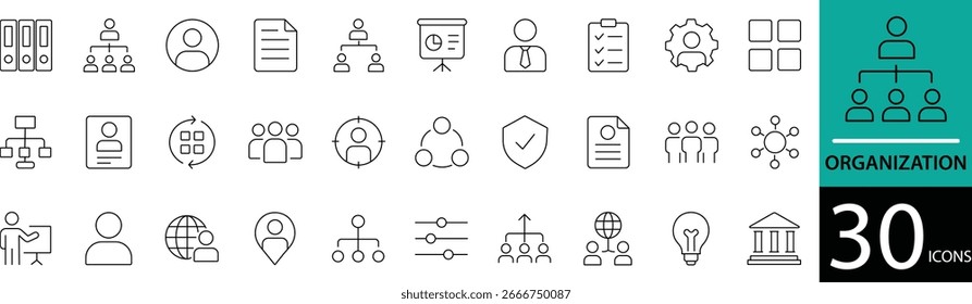 Minimal Organization Line Icon Set 30 Clean Outline Symbols for Structure, Management, and Teamwork Design