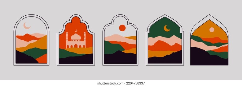 Minimal Oriental Windows And Arches. Islam Mosque Arabian Landscape Abstract Modern Boho Design. Vector Isolated Set