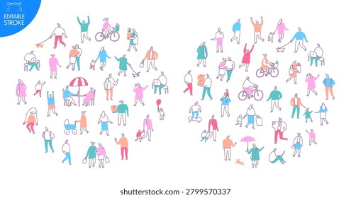 Minimal outdoor people character set with family, walking, pets, cycling, shopping, café, stroller, leisure and everyday city life scenes in outline vector style with editable strokes.