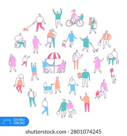 Minimal outdoor people character set with family, walking, pets, cycling, shopping, café, stroller, leisure and everyday city life scenes in outline vector style with editable strokes.