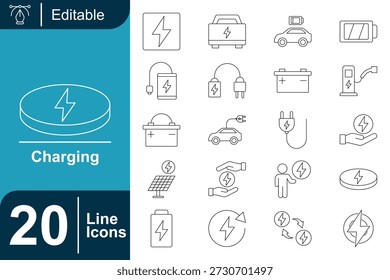 Minimal outline charging icon set showing batteries, power plugs, electric vehicles, energy flow, and charging stations. Clean stroke design suited for technology interfaces, energy apps, and instruction visuals.