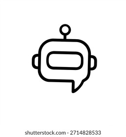 Icono de chatbot de contorno mínimo que muestra un robot sin rostro combinado con el símbolo de la burbuja de discurso sobre fondo blanco