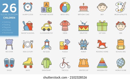 Minimal outline color icon set of children, Kid outline style, Vector illustration.