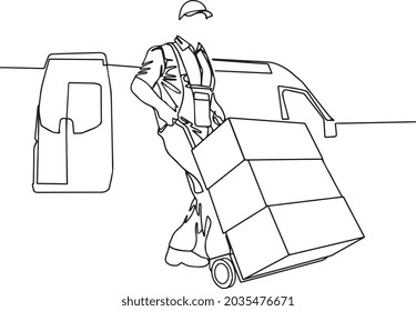 Minimal outline concept. Continuous one line drawing of Male worker in a uniform pushing a hand truck loaded with boxes in front. 