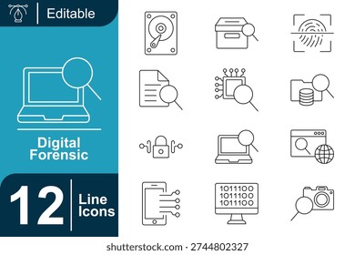 Minimal outline digital forensic icons illustrating data analysis, file examination, cyber investigation, network security and evidence verification concepts.