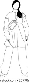 Minimal Outline Drawing of a Casual Dressed Woman with Purse..
Outline vector of a woman wearing casual clothing and carrying a shoulder bag, illustrating a modern and minimalist style.